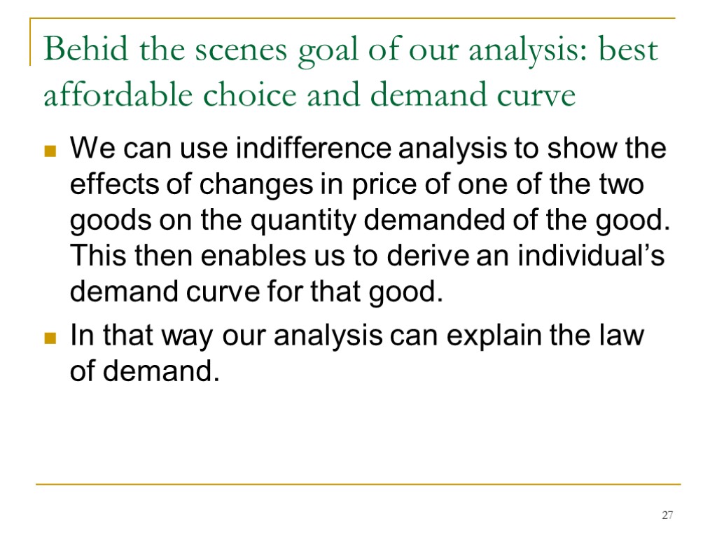 27 Behid the scenes goal of our analysis: best affordable choice and demand curve